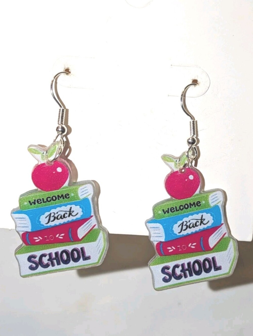 Handmade Welcome Back to School Book & Apple Earrings - Pink, Red, Green, Blue